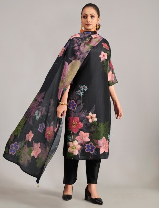 Black printed silk quarter sleeves kurti set