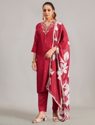 Maroon silk  V neck salwar suit with printed dupatta