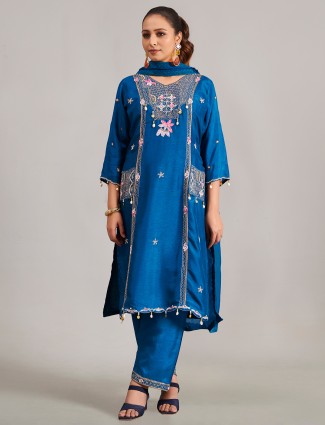 Rama blue silk V neck salwar suit with matching dupatta