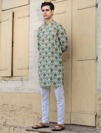 Beige printed cotton festive wear kurta pant set