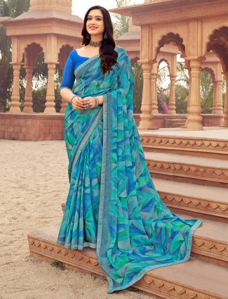 Blue printed chiffon saree