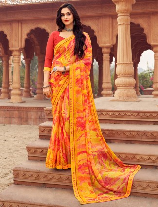 Yellow printed casual wear chiffon saree