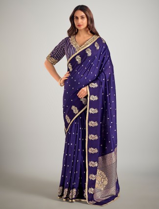 Dark purple dola silk resham weaving wedding wear saree