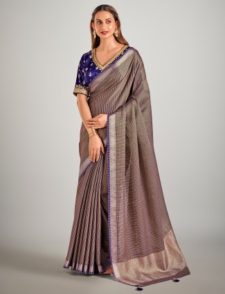 Dark purple dola silk wedding style saree with cutdana embellishment