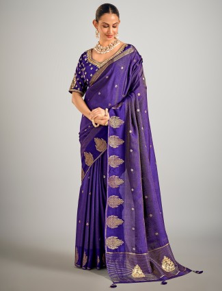 Dark purple dola silk zari weaving wedding style saree