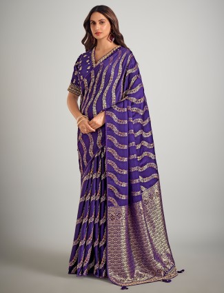 Dark purple dola silk zari weaving saare