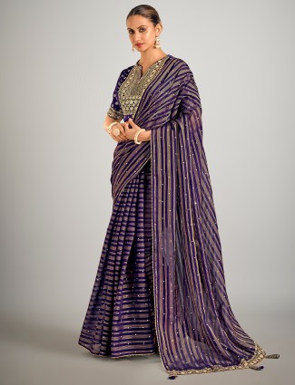 Dark purple soft organza wedding wear saree