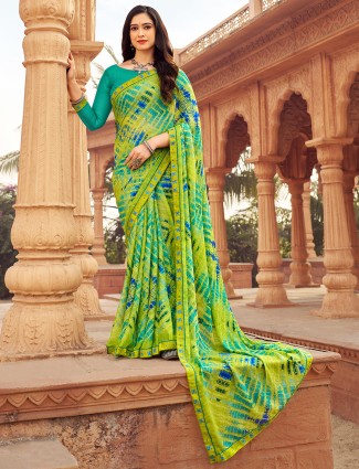 Green chiffon saree with amazing prints