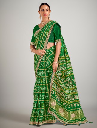 Green gajji silk bandhej printed saree with sequins embellishment