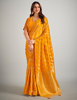 Mustard yellow dola silk zardosi weaving saree for haldi