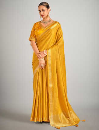 Mustard yellow dola silk saree for haldi ceremony