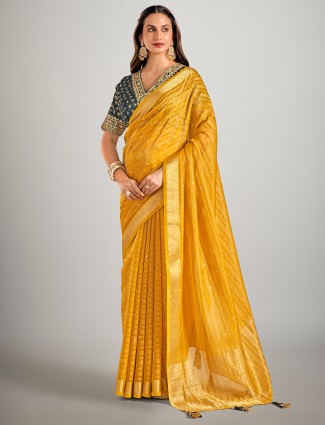 Mustard yellow soft organza wedding sarees