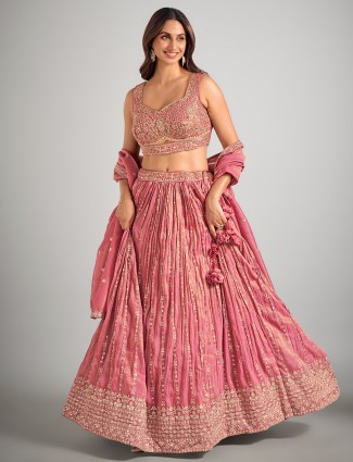 Onion pink silk wedding wear sleeveless lahenga choli