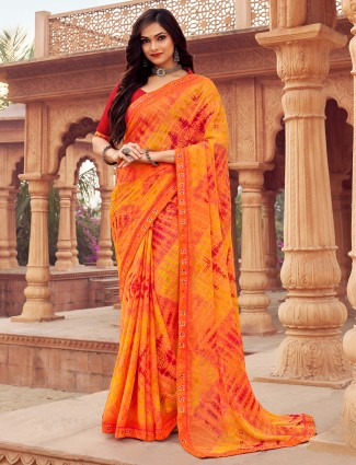 Orange printed chiffon saree for casual outing