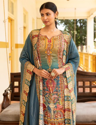 Peacock blue silk salwar suit with shrug for reception