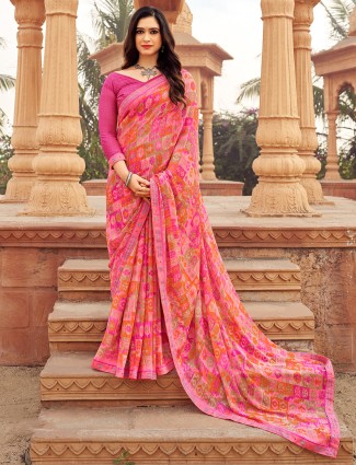 Pink chiffon saree with stone embellishment for casual wear