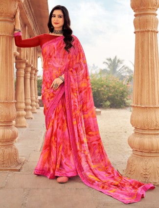 Pink printed casual saree in chiffon