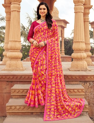 Pink printed shiffon saree with stone work