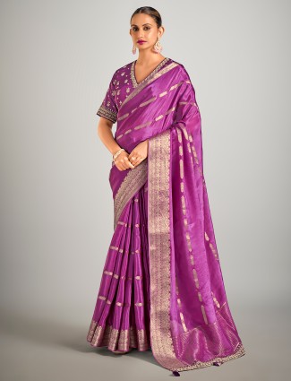 Purple dola silk zari weaving saree with stone work