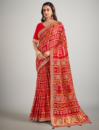 Red printed gajji silk saree for wedding functions