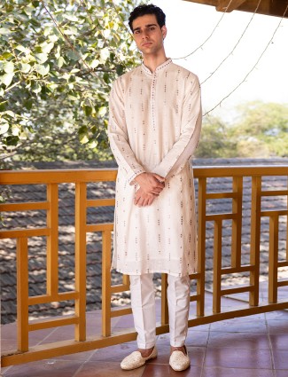 White sequins work Kurtra suit for men in cotton