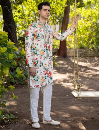 White printed cotton kurta pajama with aabla worked