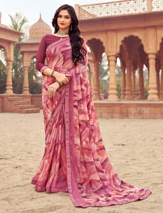 Wine chiffon printed saree for casual outing