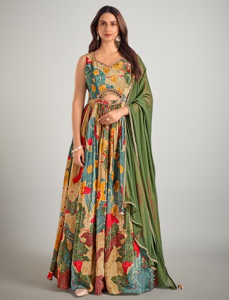 Beige and blue designer suit with zardosi work