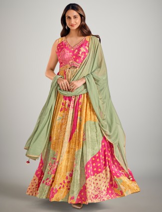 Beige and rani color silk wedding wear designer suit