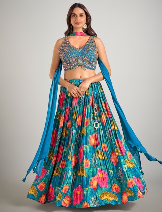 Blue printed silk  wedding style lehenga choli