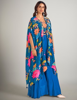 Blue satin silk partywear palazzo suit with long jacket