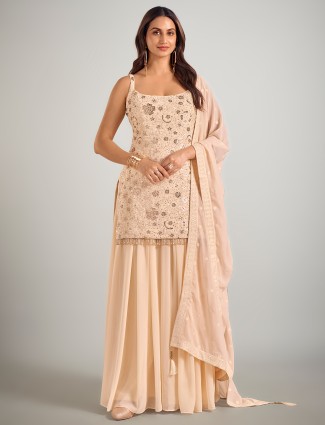 Cream georgette pakistani embroidered palazzo suit