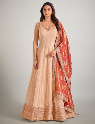 Cream tissue silk wedding zari worked anarkali suit