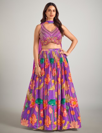 Lilac purple silk printed wedding wear lehenga choli