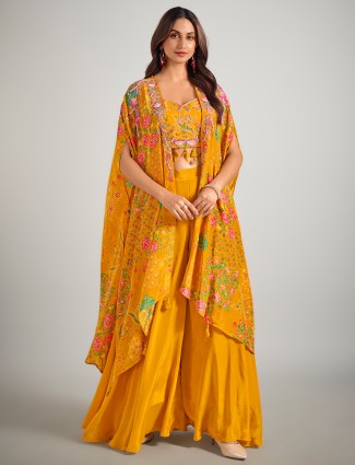 Mustard yellow satin silk palazzo suit with beads work