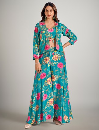 Pastel blue printed short jacket style festival wear palazzo suit