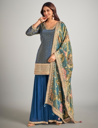Pastel blue silk sequins worked palazzo suit for weddings
