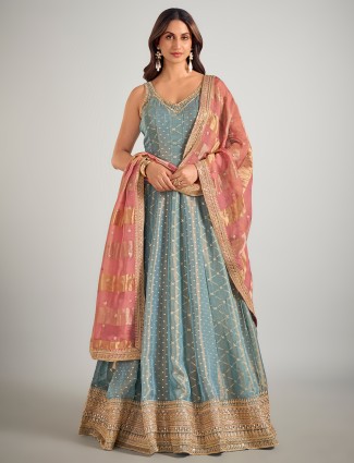Pastel blue tissue silk premium anarkali suit
