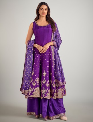Purple wedding wear silk palazzo suit with sequins work