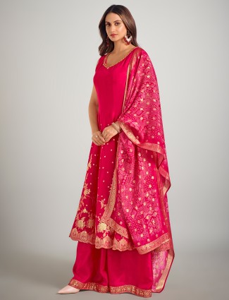 Rani color cotton silk wedding wear zari worked palazzo suit