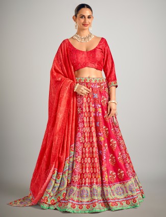 Red printed silk lahenga choli with sequins work