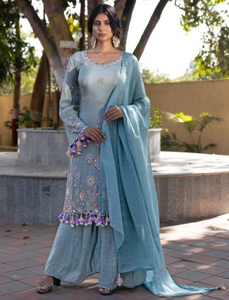 Wedding wear silk pastel blue embroidered palazzo suit