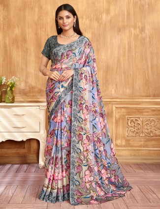 Blue crepe casual look saree with grey border