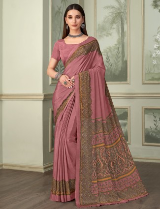 Dark peach printed crepe saree with unstitched blouse