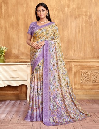 Gold crepe casual look saree with purple border