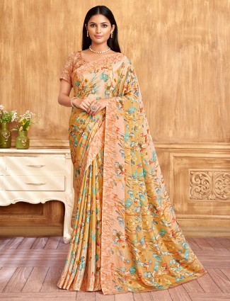 Golden crepe printed saree for casual look
