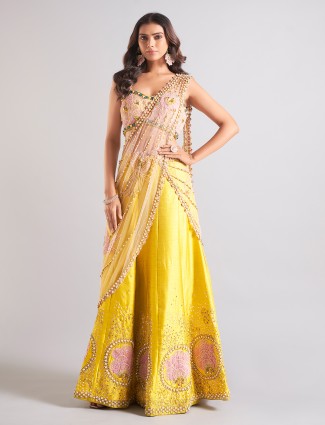 Gorgeous yellow raw silk premium palazzo suit