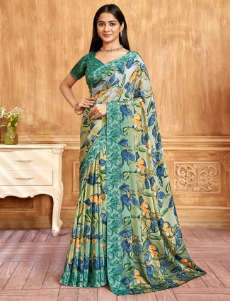 Green crepe printed casual wear saree