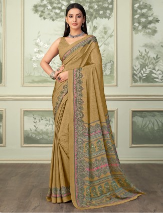 Beaautiful khaki printed crepe saree