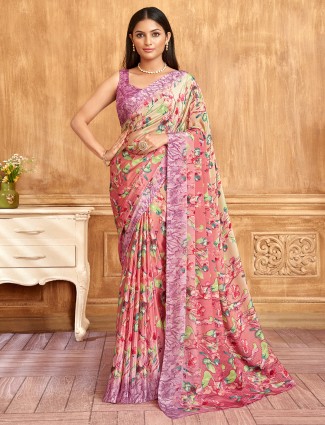 Multicolor printed crepe saree with unstitched blouse